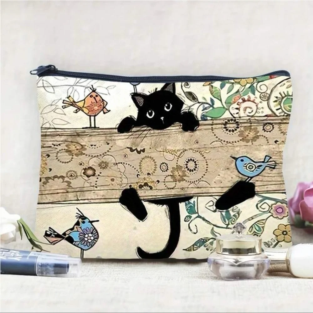 Canvas Double Sided Cute Cat Makeup Travel Cosmetic Bag - Picture 2 of 5